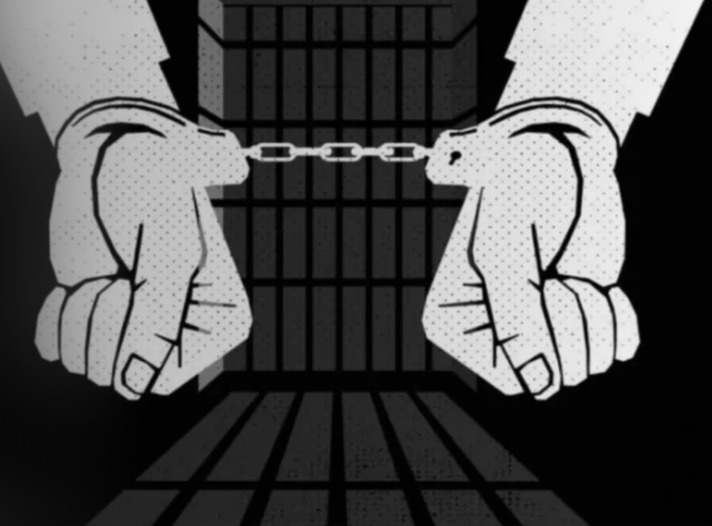 Illustration of handcuffed hands before prison bars